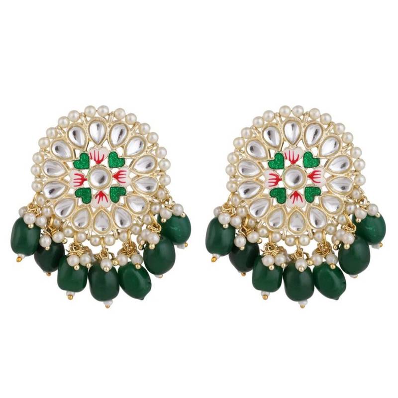 Gold Plated Round shape Kundan and Pearl Studded Maang-tikka,Earrings and Ring for Girls and Women