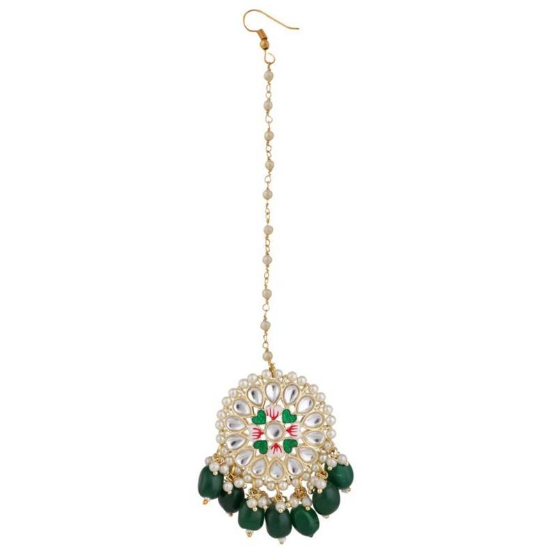 Gold Plated Round shape Kundan and Pearl Studded Maang-tikka,Earrings and Ring for Girls and Women