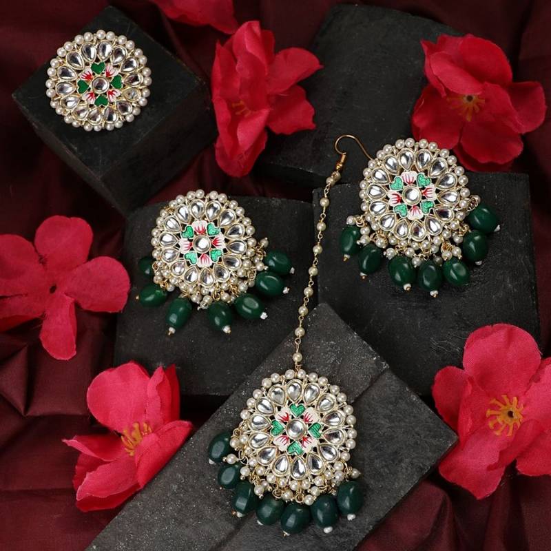 Gold Plated Round shape Kundan and Pearl Studded Maang-tikka,Earrings and Ring for Girls and Women