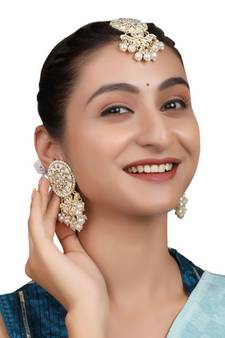 Gold Plated Kundan and Pearl Stuuded Maang-tikka and Earring for Girls and Women
