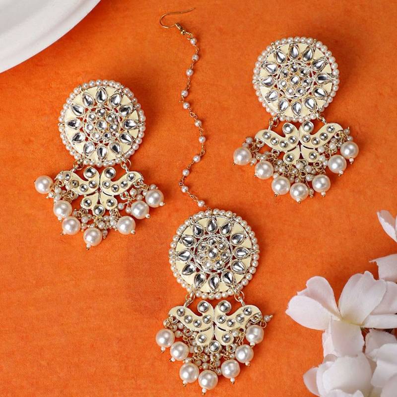 Gold Plated Kundan and Pearl Stuuded Maang-tikka and Earring for Girls and Women