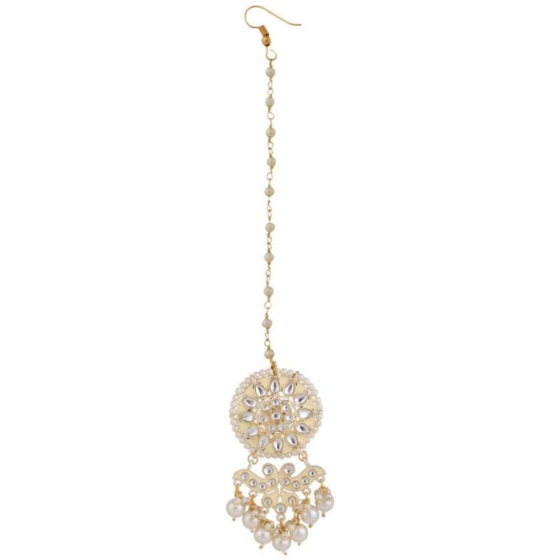 Gold Plated Kundan and Pearl Stuuded Maang-tikka and Earring for Girls and Women