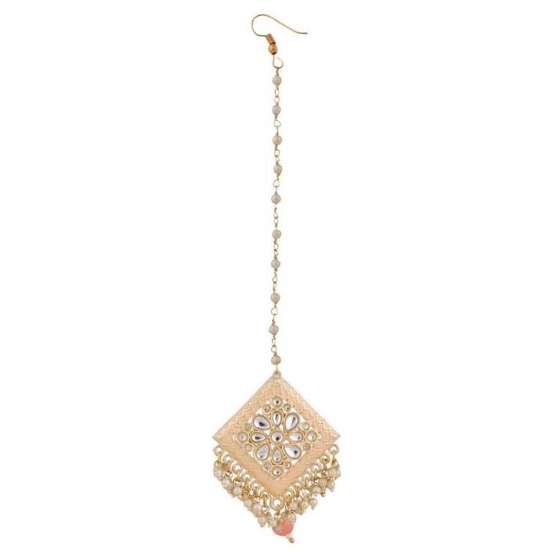 Gold Plated Diamond Shape Stone studded Maang-tikka and Earring for Girls and Women