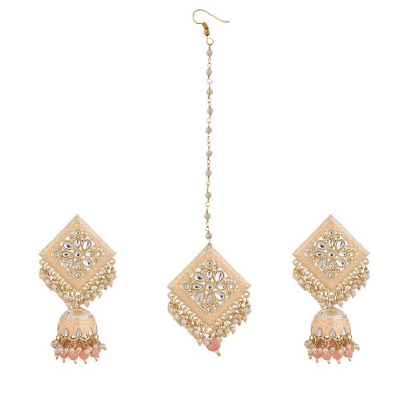 Gold Plated Diamond Shape Stone studded Maang-tikka and Earring for Girls and Women