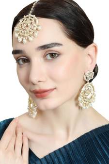 Gold Plated Kundan and Pearl Studded Chandbali Maang-tikka and Jhumka Earring for Girls and Women
