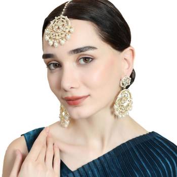 Gold Plated Kundan and Pearl Studded Chandbali Maang-tikka and Jhumka Earring for Girls and Women 1