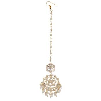 Gold Plated Kundan and Pearl Studded Chandbali Maang-tikka and Jhumka Earring for Girls and Women 2