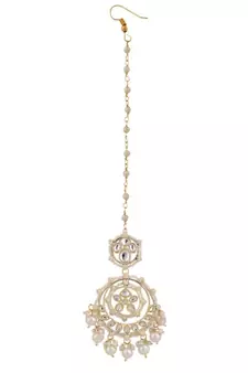 Gold Plated Kundan and Pearl Studded Chandbali Maang-tikka and Jhumka Earring for Girls and Women