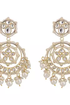 Gold Plated Kundan and Pearl Studded Chandbali Maang-tikka and Jhumka Earring for Girls and Women