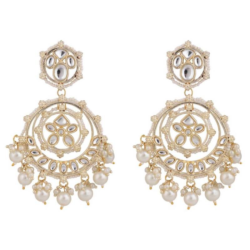 Gold Plated Kundan and Pearl Studded Chandbali Maang-tikka and Jhumka Earring for Girls and Women