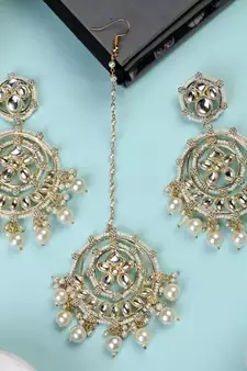 Gold Plated Kundan and Pearl Studded Chandbali Maang-tikka and Jhumka Earring for Girls and Women