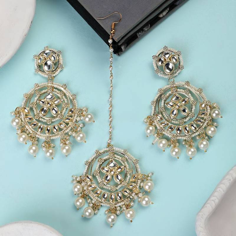 Gold Plated Kundan and Pearl Studded Chandbali Maang-tikka and Jhumka Earring for Girls and Women