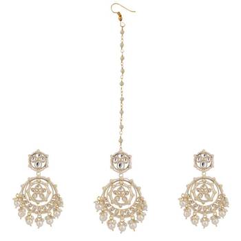 Gold Plated Kundan and Pearl Studded Chandbali Maang-tikka and Jhumka Earring for Girls and Women 5