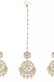 Gold Plated Kundan and Pearl Studded Chandbali Maang-tikka and Jhumka Earring for Girls and Women