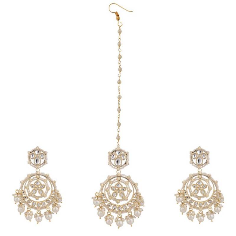 Gold Plated Kundan and Pearl Studded Chandbali Maang-tikka and Jhumka Earring for Girls and Women