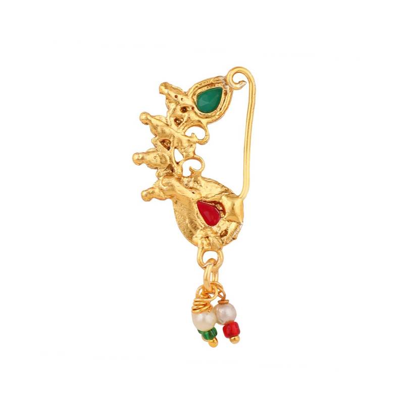 Ethnic Gold Plated Multicolor Stone and Pearl Studded Maharashtran Nath or Nose Ring for Girls and Women.
