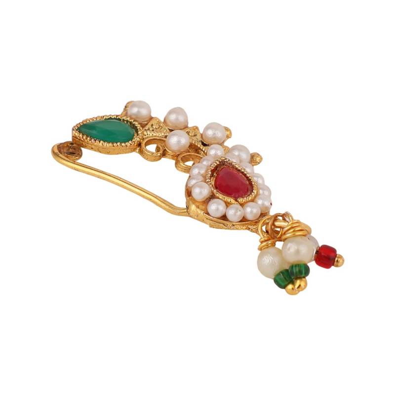 Ethnic Gold Plated Multicolor Stone and Pearl Studded Maharashtran Nath or Nose Ring for Girls and Women.