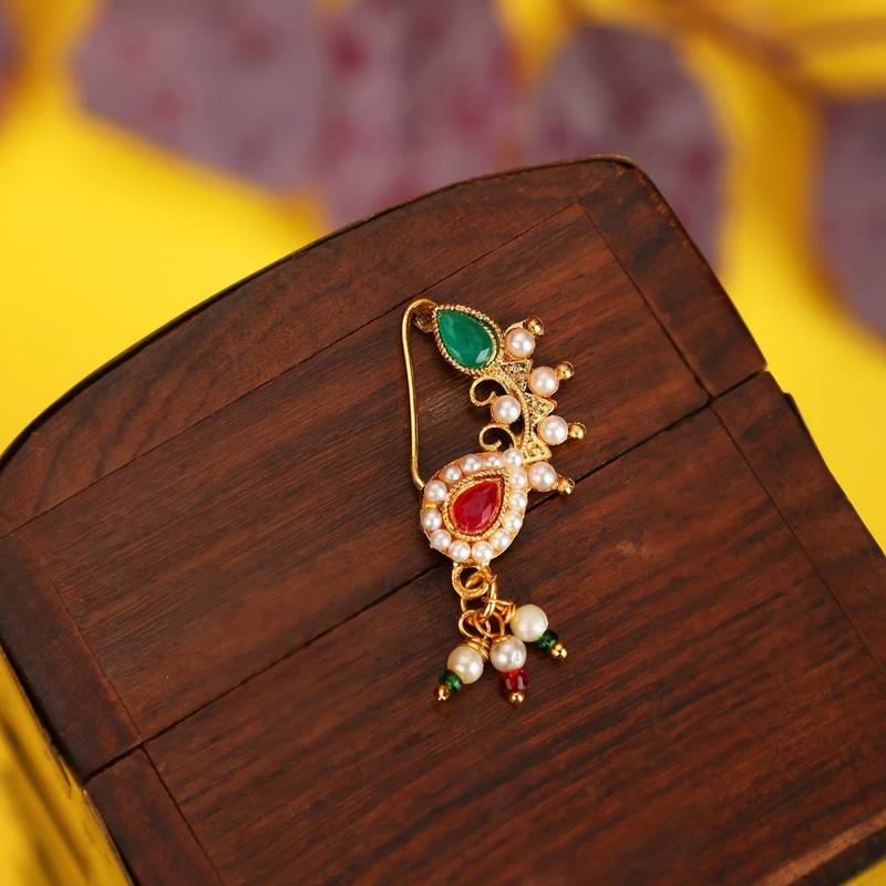 Ethnic Gold Plated Multicolor Stone and Pearl Studded Maharashtran Nath or Nose Ring for Girls and Women.