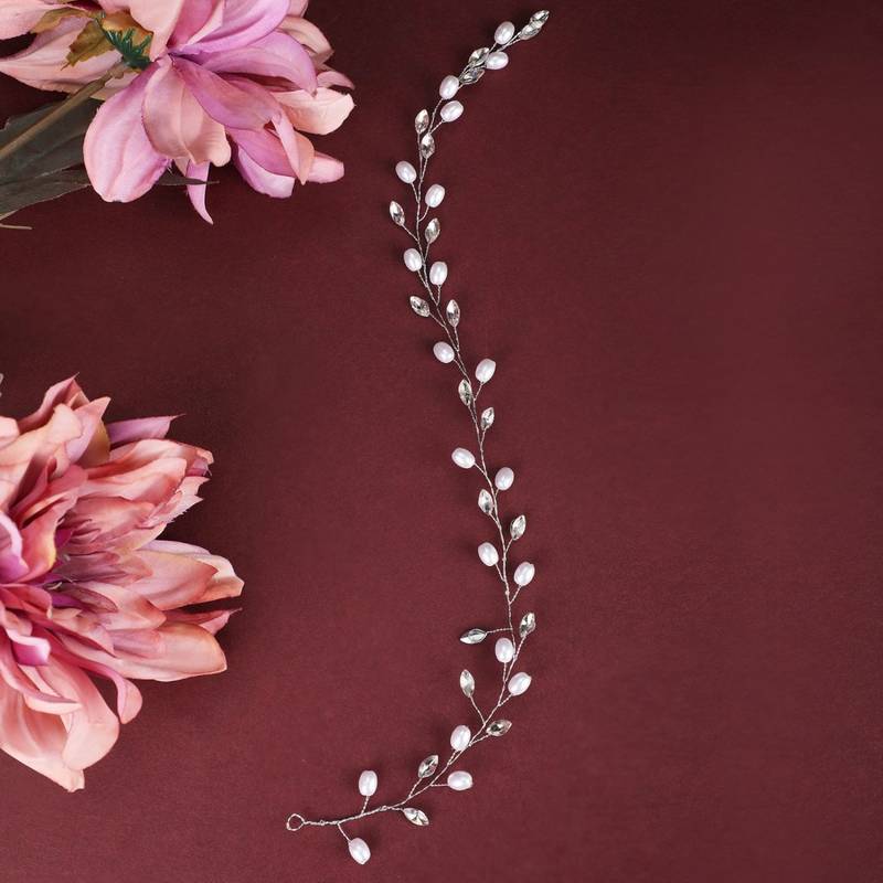 Contemporary Silver Plated Leaf Design Peal Studded Foldable Hair Accessory for Women and Girls