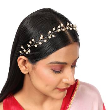Statement Gold Plated Leaf Design Peal Studded Foldable Hair Accessory for Women and Girls 1