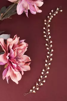 Statement Gold Plated Leaf Design Peal Studded Foldable Hair Accessory for Women and Girls
