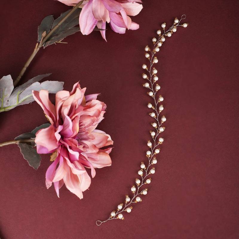 Statement Gold Plated Leaf Design Peal Studded Foldable Hair Accessory for Women and Girls