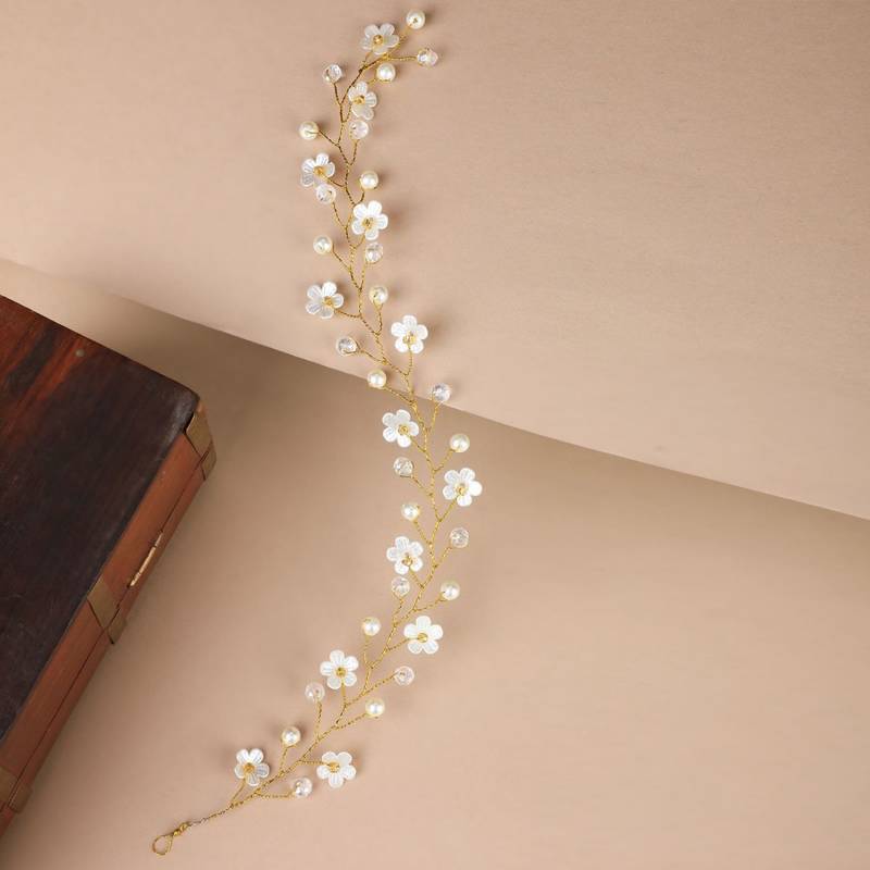 Statement Gold Plated Floral Design Peal Studded Foldable Hair Accessory for Women and Girls