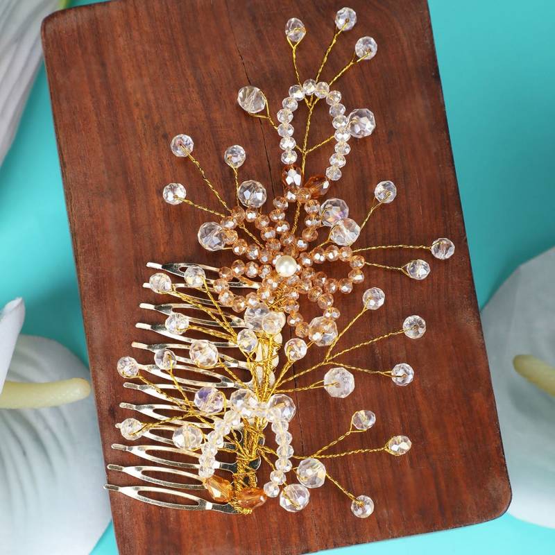 Statement Gold Plated Pearl Studded Floral Design Foldable Hair Accessory with comb for Women and Girls