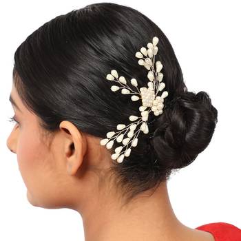 Contemporary Silver Plated Leaf Shaped White colored Pearl Studded Foldable Hair Accessory for Women and Girls 1