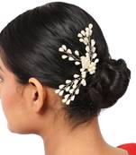 Contemporary Silver Plated Leaf Shaped White colored Pearl Studded Foldable Hair Accessory for Women and Girls