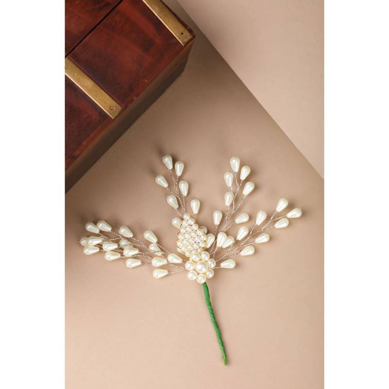 Contemporary Silver Plated Leaf Shaped White colored Pearl Studded Foldable Hair Accessory for Women and Girls