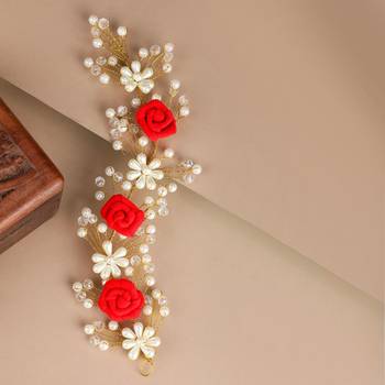 Statement Gold Plated Rose and Pearl Studded Foldable Hair Accessory for Women and Girls 2