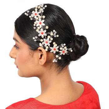 Statement Gold Plated White and Red colored Pearl Studded Floral Design Foldable Hair Accessory for Women and Girls 1