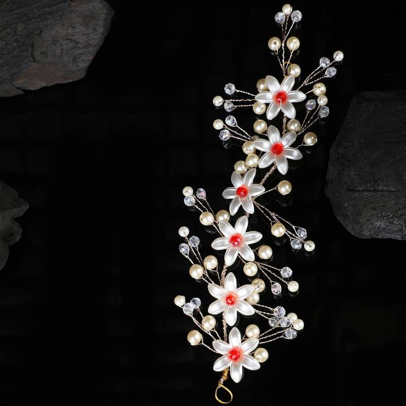 Statement Gold Plated White and Red colored Pearl Studded Floral Design Foldable Hair Accessory for Women and Girls