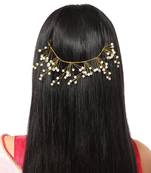 Statement Gold Plated 6 leaf Shaped Pearl Studded Floral Design Foldable Hair Accessory for Women and Girls
