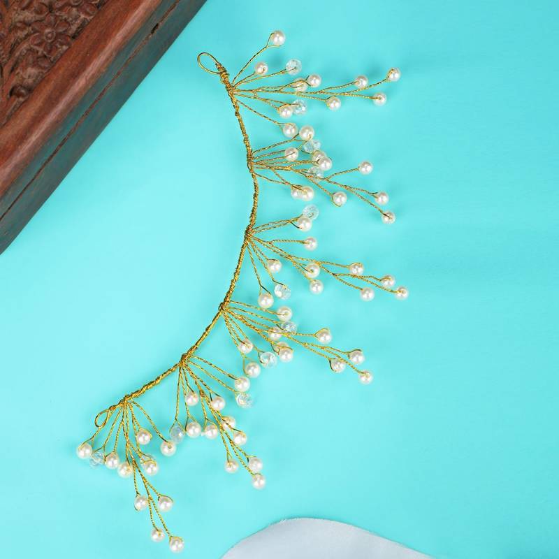 Statement Gold Plated 6 leaf Shaped Pearl Studded Floral Design Foldable Hair Accessory for Women and Girls