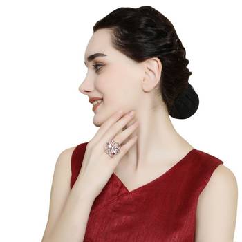 Rose Gold American Diamond Studded Floral Shaped Statement Cocktail Ring for Girls and Women 1