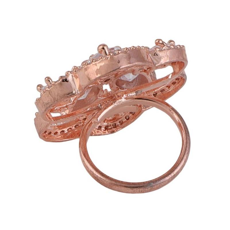 Rose Gold American Diamond Studded Floral Shaped Statement Cocktail Ring for Girls and Women