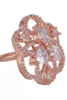 Rose Gold American Diamond Studded Floral Shaped Statement Cocktail Ring for Girls and Women