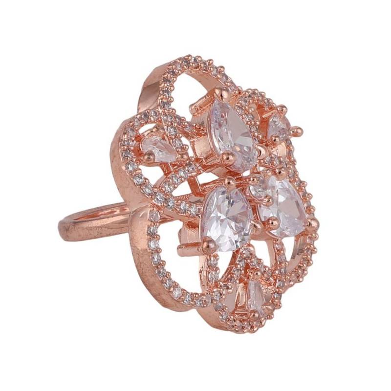 Rose Gold American Diamond Studded Floral Shaped Statement Cocktail Ring for Girls and Women