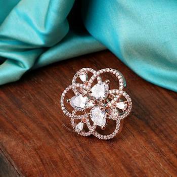 Rose Gold American Diamond Studded Floral Shaped Statement Cocktail Ring for Girls and Women 4