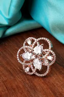 Rose Gold American Diamond Studded Floral Shaped Statement Cocktail Ring for Girls and Women