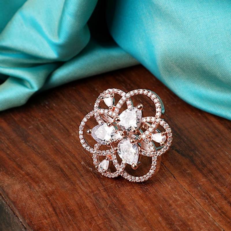 Rose Gold American Diamond Studded Floral Shaped Statement Cocktail Ring for Girls and Women