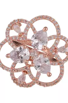 Rose Gold American Diamond Studded Floral Shaped Statement Cocktail Ring for Girls and Women