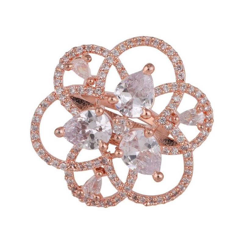 Rose Gold American Diamond Studded Floral Shaped Statement Cocktail Ring for Girls and Women