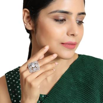 Silver Plated American Diamond Studded Symmentrical Shaped Statement Cocktail Ring for Girls and Women 1