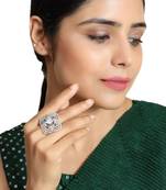 Silver Plated American Diamond Studded Symmentrical Shaped Statement Cocktail Ring for Girls and Women