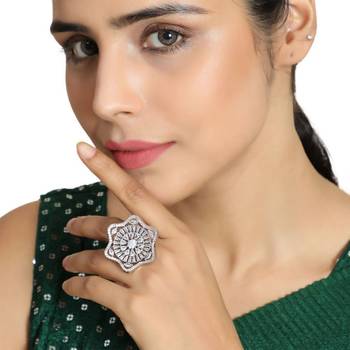 Absract Shaped American Diamond Studded Silver Statement Cocktail Ring for Girls and Women 1