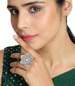 Absract Shaped American Diamond Studded Silver Statement Cocktail Ring for Girls and Women