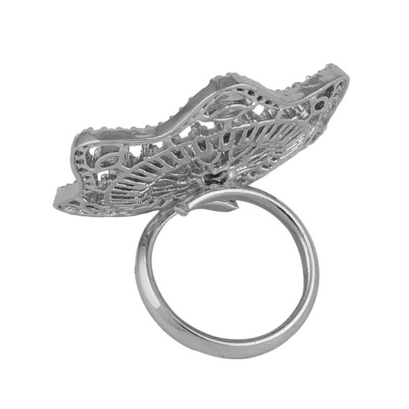 Absract Shaped American Diamond Studded Silver Statement Cocktail Ring for Girls and Women